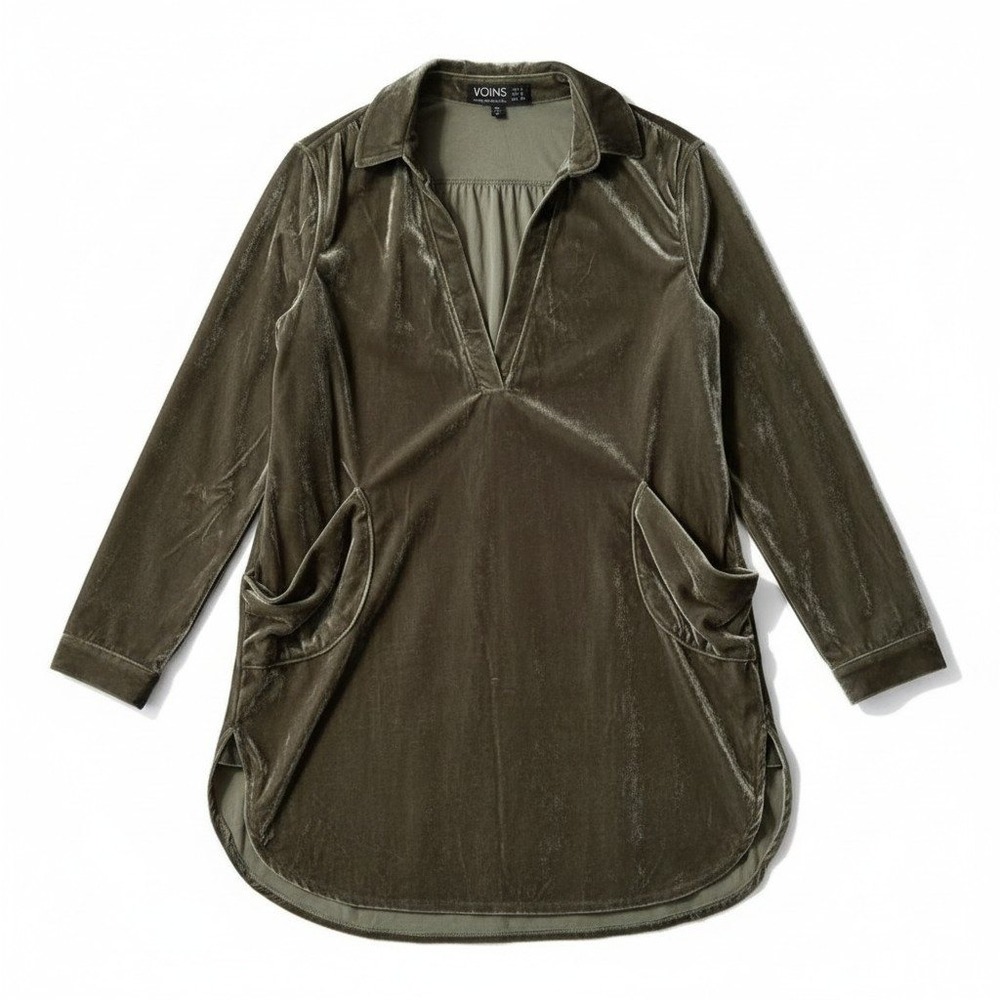 YOINS Olive Green Velvet V-Neck Tunic Top Long Sleeve Pocketed Blouse US 4